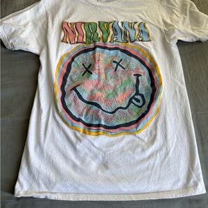 NIRVANA White Tee with Colorful Smiley Graphic